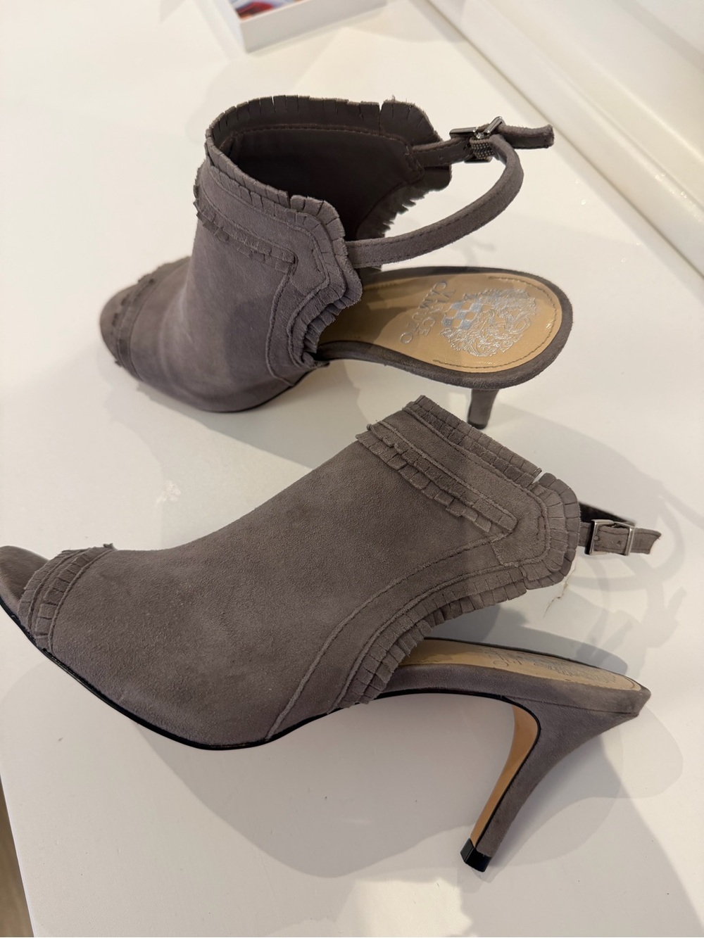 Vince Camuto Taupe Suede Peep-Toe Slingback Heels